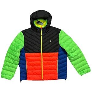 Polo Ralph Lauren Hi-Tech Colorblock Neon Puffer Hooded Jacket Mens Size XXL 2XL